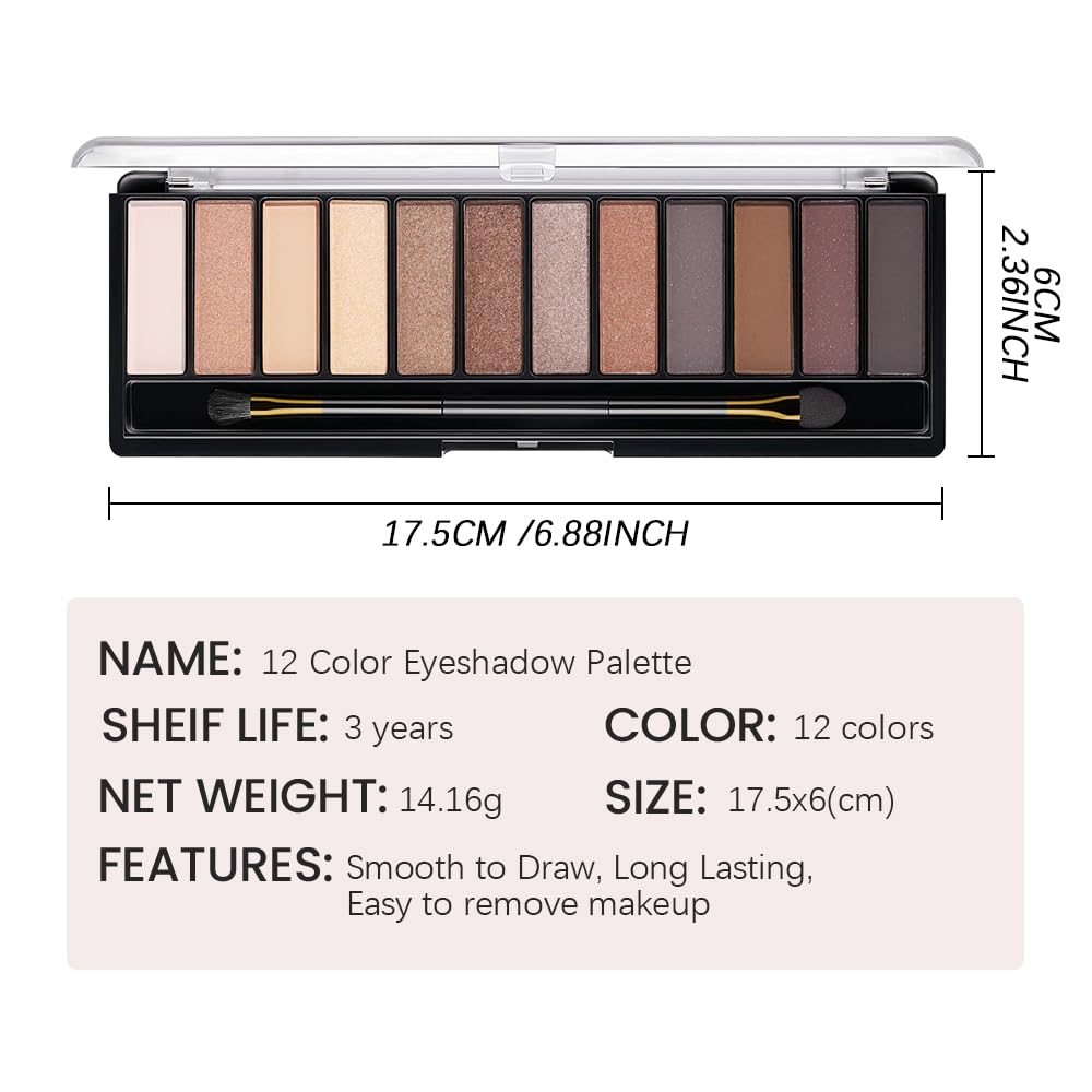 12 Colors Eyeshadow Palette β Neutral Warm Tone Matte & Glitter Eye Makeup Palette, High Pigment Waterproof Eyeshadow Kit for Women β Blendable Natural Brown, Nude, Rose Gold Shimmer Makeup 01#