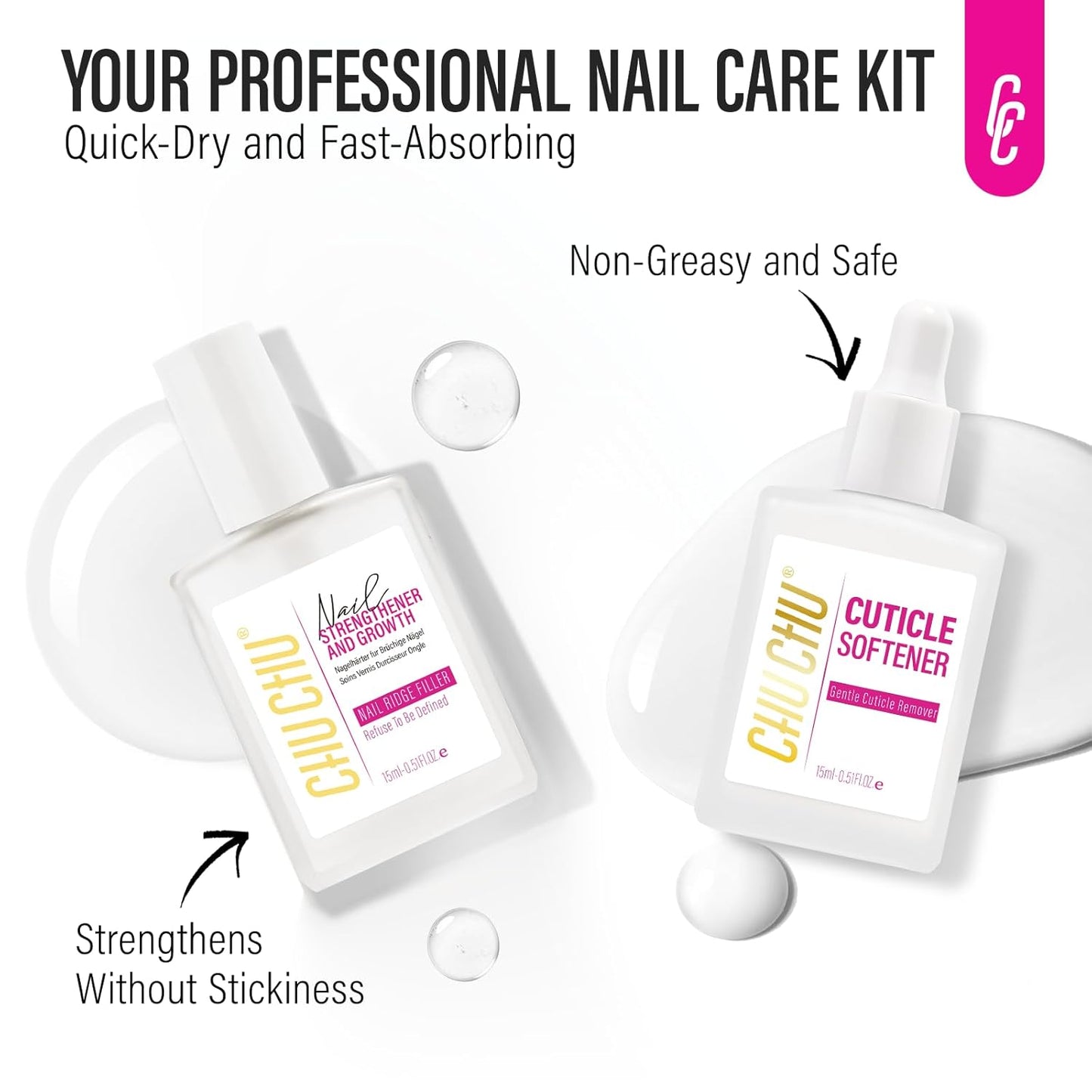 CHUCHU Nail Strengthener and Growth Kit: Clear Hardener and Repair & Cuticle Softener Set - Protein Ridge Filler Polish Quick Dry for Weak Peeling Brittle Splitting Nails - for Women Home Salon
