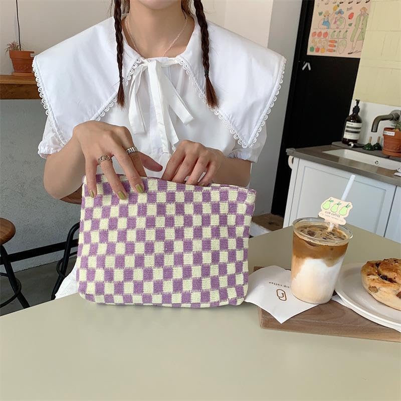 PAZIMIIK Knitted Checkered Makeup Bag Large Zipper Make Up Accessory Pouch for Purse Cosmetic Brush Bag for Travel Essential,Purple