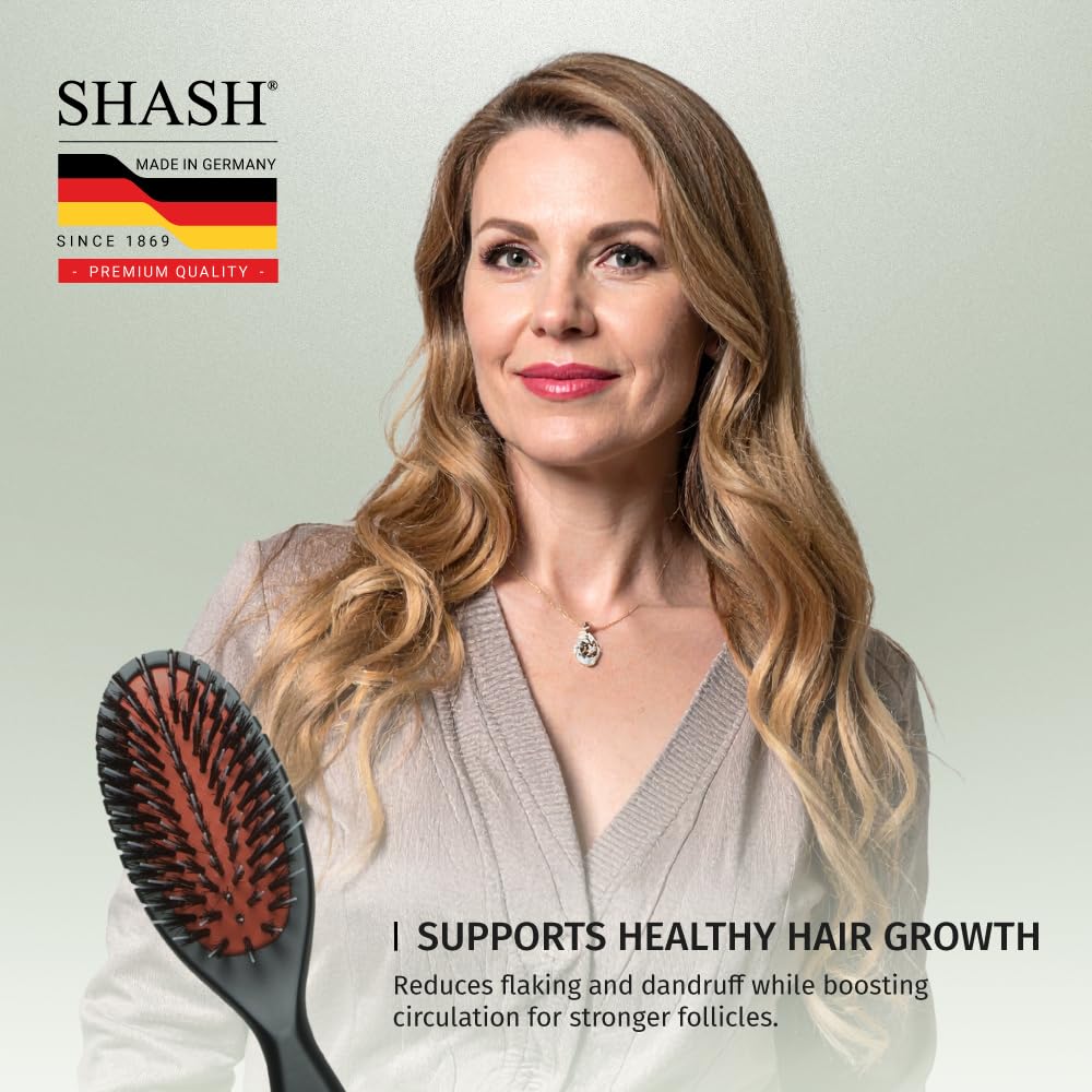 SHASH Since 1869 Hand Made In Germany - Nylon Boar Bristle Brush Suitable For Normal to Thick Hair Gently Detangles, No Pulling or Split Ends - Softens Improves Hair Texture, Stimulates (Extra Small)