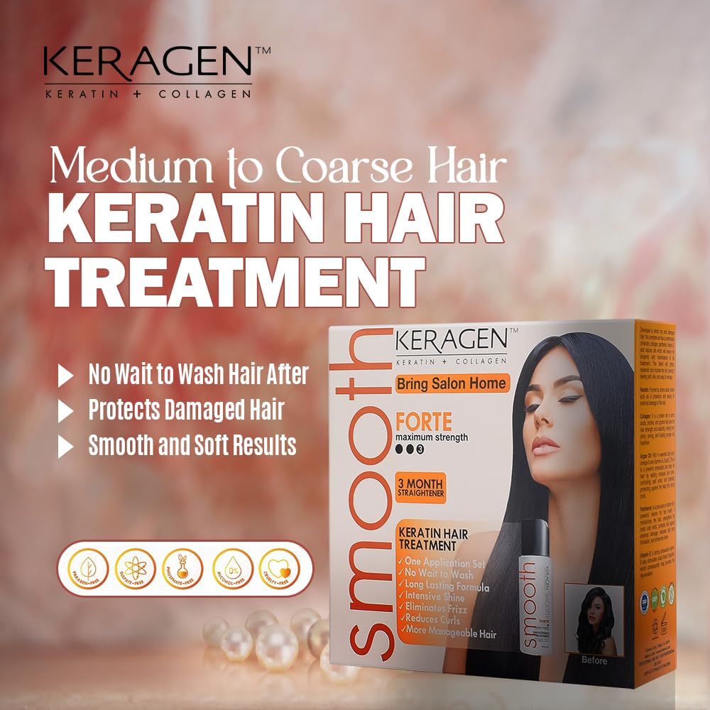 Keragen Brazilian Keratin Hair Smoothing Treatment - Express Home Blowout Kit - Straightens & Smooths Frizz - With 2 Oz Forte Treatment, Clarifying Shampoo & Aftercare Samples
