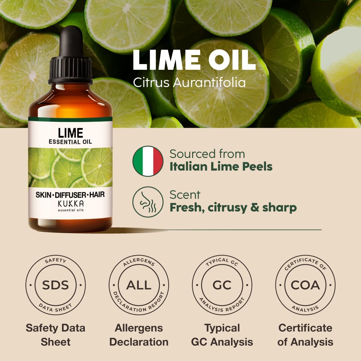 Kukka Lime Essential Oil for Skin - 4 Fl Oz - Lime Oil for Diffuser, Hair, Candles, DIY Soap Making Scents