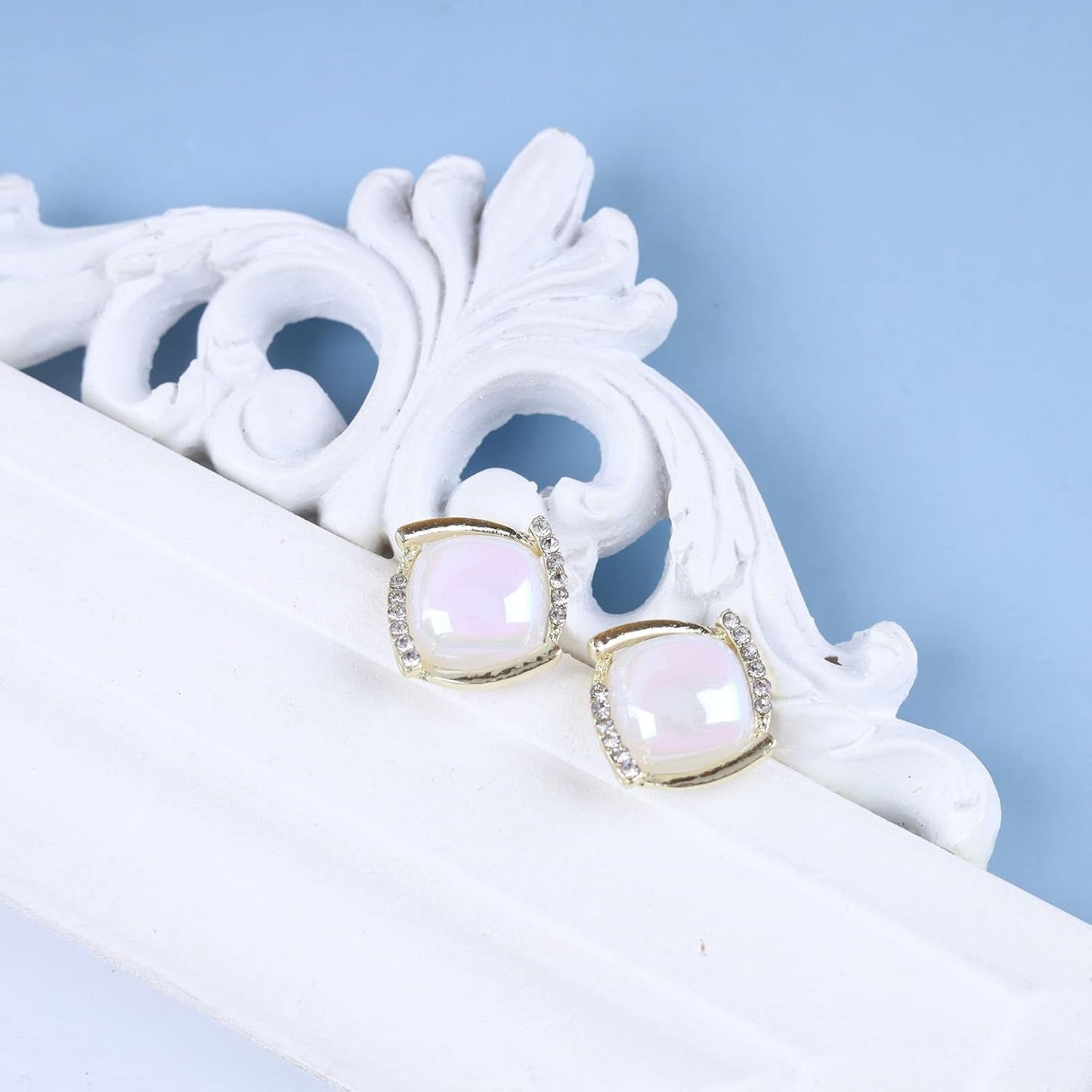 Vintage Crystal Square Earrings Moonstone Square Stud Earrings Gold Rhinestone Opal Stone Earrings Geometry Moonstone Earrings Jewelry for Women