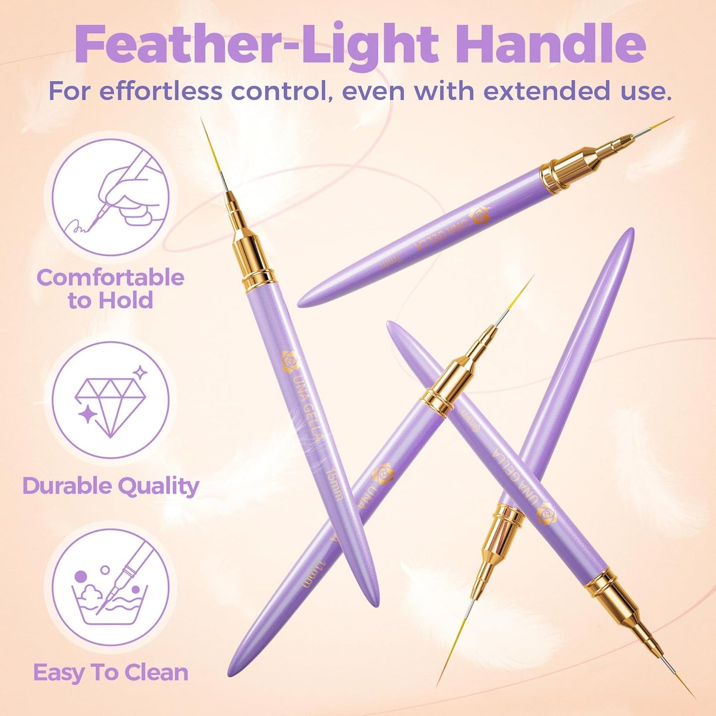 UNA GELLA Nail Art Pens Metallic, Liner Brushes Set For Nail Art Gel Polish, 5Pcs Purple Color, Detail Nail Art Design Painting Brush Set For Nails Gel Fine Drawing Nail Tools, Sizes 7/9/11/15/25mm
