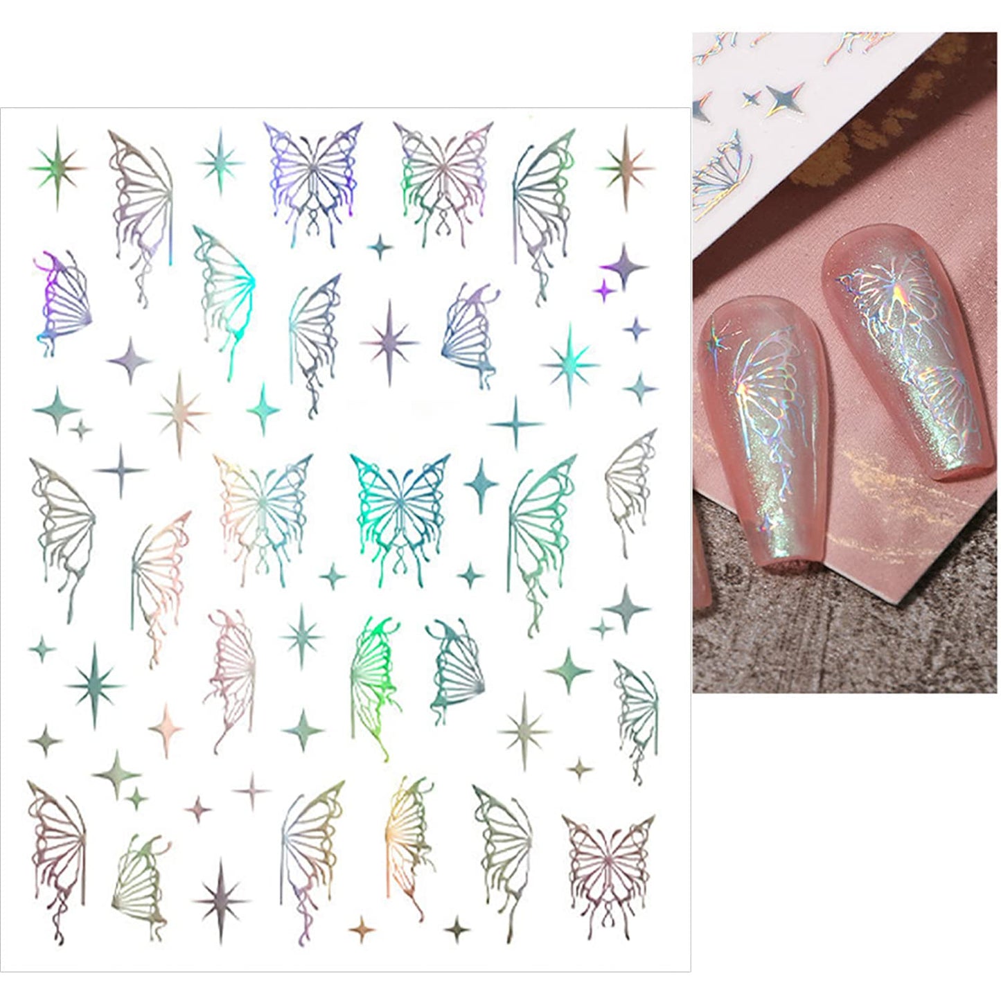 SILPECWEE 6 Sheets Butterfly Nail Stickers - 3D Nail Art Decals, Metallic Silver Aurora Retro Designs, Self-Adhesive Manicure Stickers