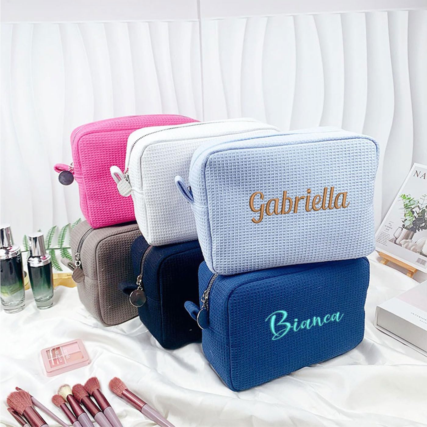 GOPHIE Personalized Embroidered Makeup Bag,Custom Waffle Fabric Cosmetic Pouch for Women, Travel Makeup Pouch (6, Navy Blue)