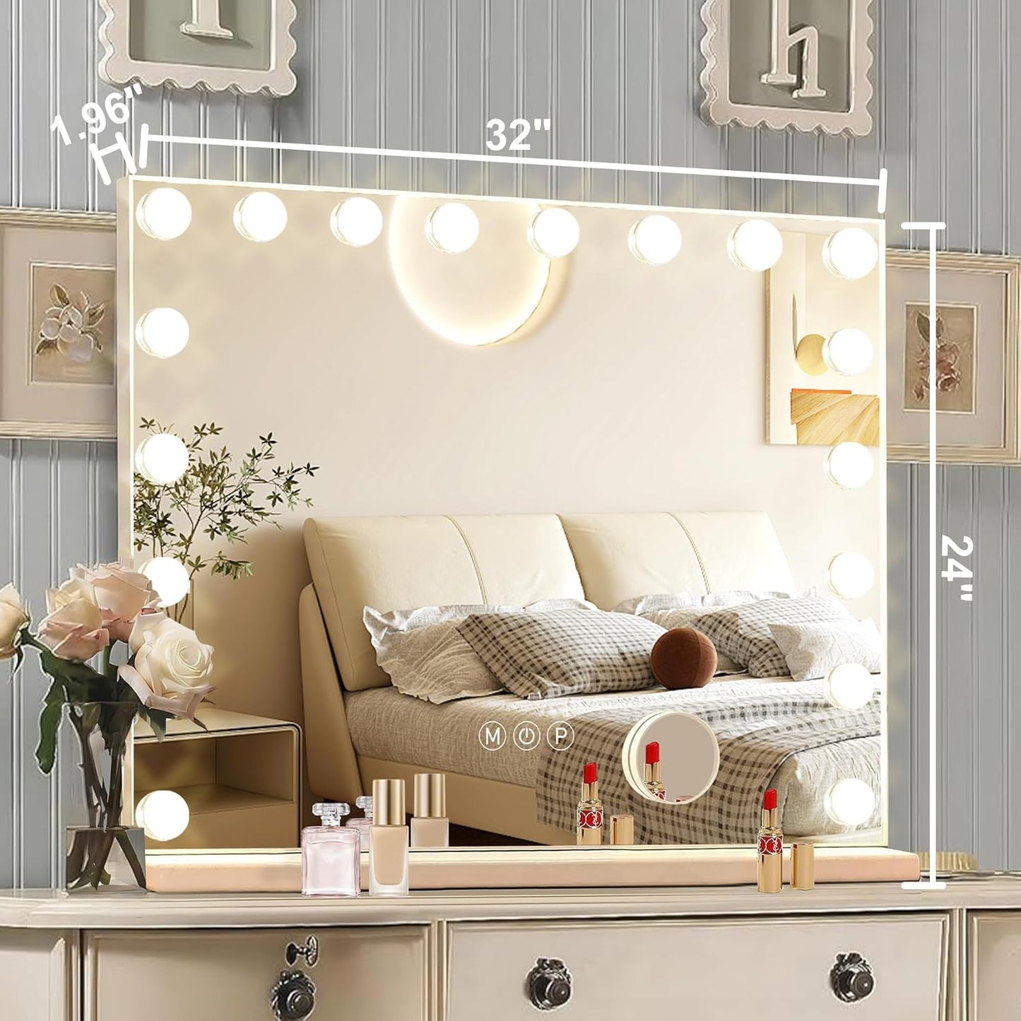 Hollywood Vanity Mirror with Lights, 18 Dimmable Bulbs, 3 Color Lights,Make Up Lighted Mirror, Aluminum Metal Frame, USB Charging Port(32" x 24")