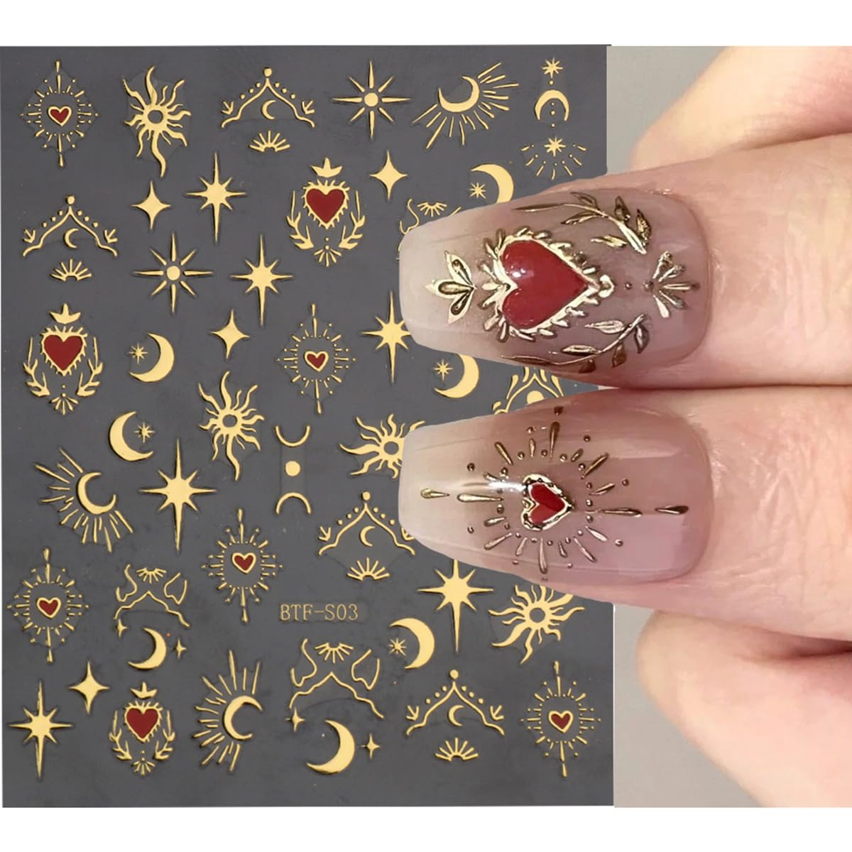 8 Sheets Metallic Nail Art Stickers Bronzing Star Moon Nail Decals 3D Self-Adhesive Gold Silver Nail Art with Heart Charms Design Moon Star Nail Stickers for Women Manicure Decoration Accessories