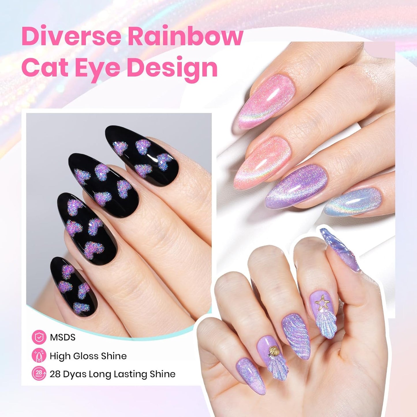 Beetles Cat Eye Gel Nail Polish Set - 6 Colors Summer Rainbow Cat Eye Gel Pink Blue Green Purple Orange Gel with Magnet Soak Off UV Iridescent Halo Collection Salon Nail Art Manicure Gift for Women