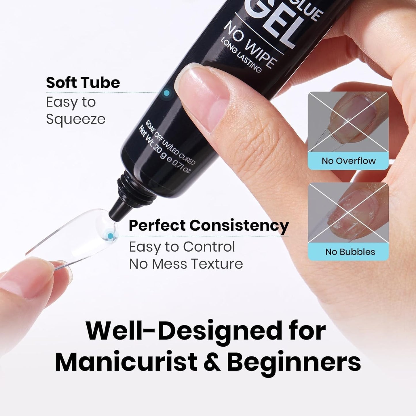 Beetles 2Pcs 20g Nail Glue Gel, No Wipe, Hands-Free Tipex Solid Nail Glue Gel, Super Strong for Acrylic Nails Extension Fake Nails, 3D Nail Art, Great for Home & Salon Use, U V Light Required