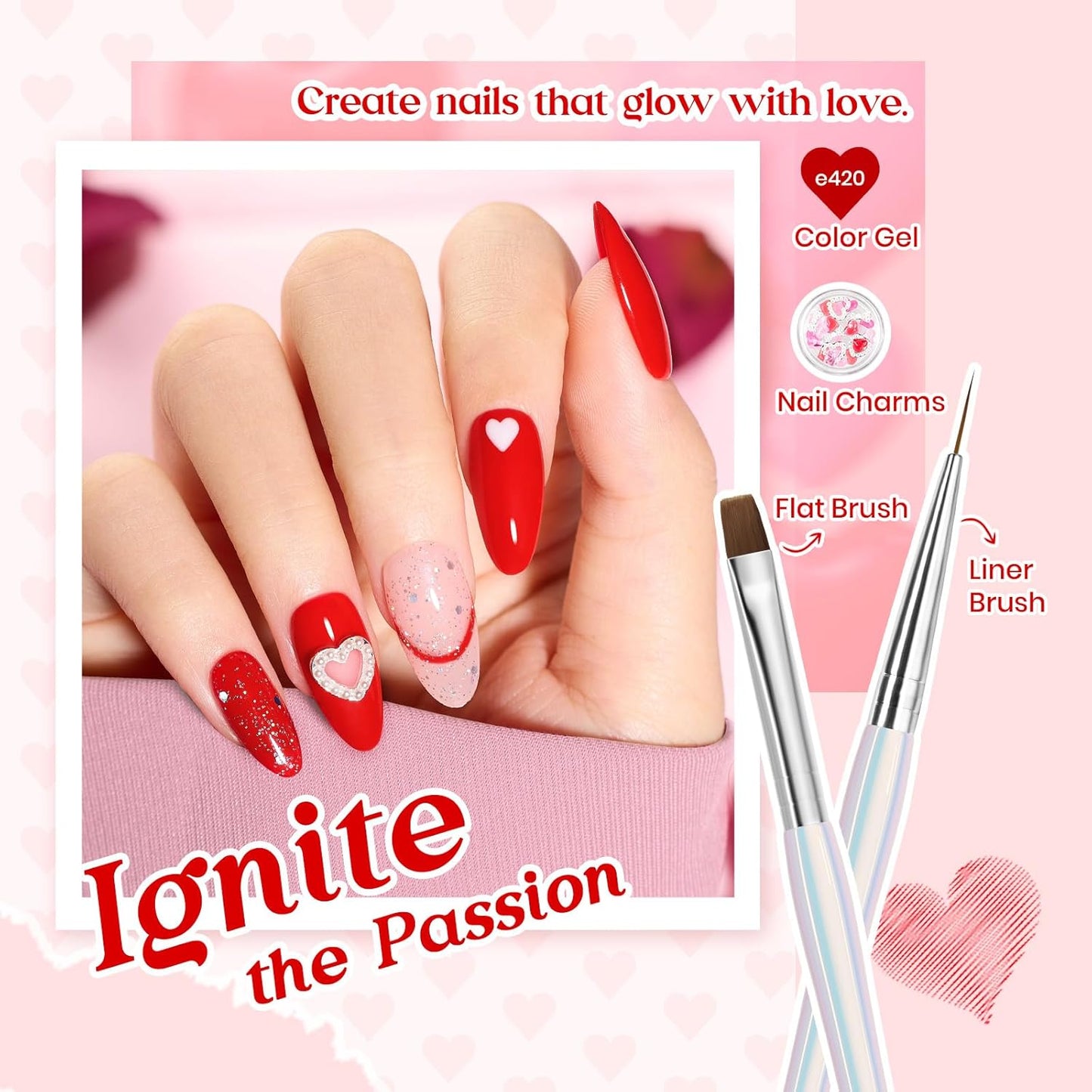 Beetles Red Gel Nail Polish & Nail Art Brushes Set-Heart Desire Multifunctional Nail Brushes Kit for Nail Art with Heart Nail Gems&Nail stickers Manicure Gift for Girls Women