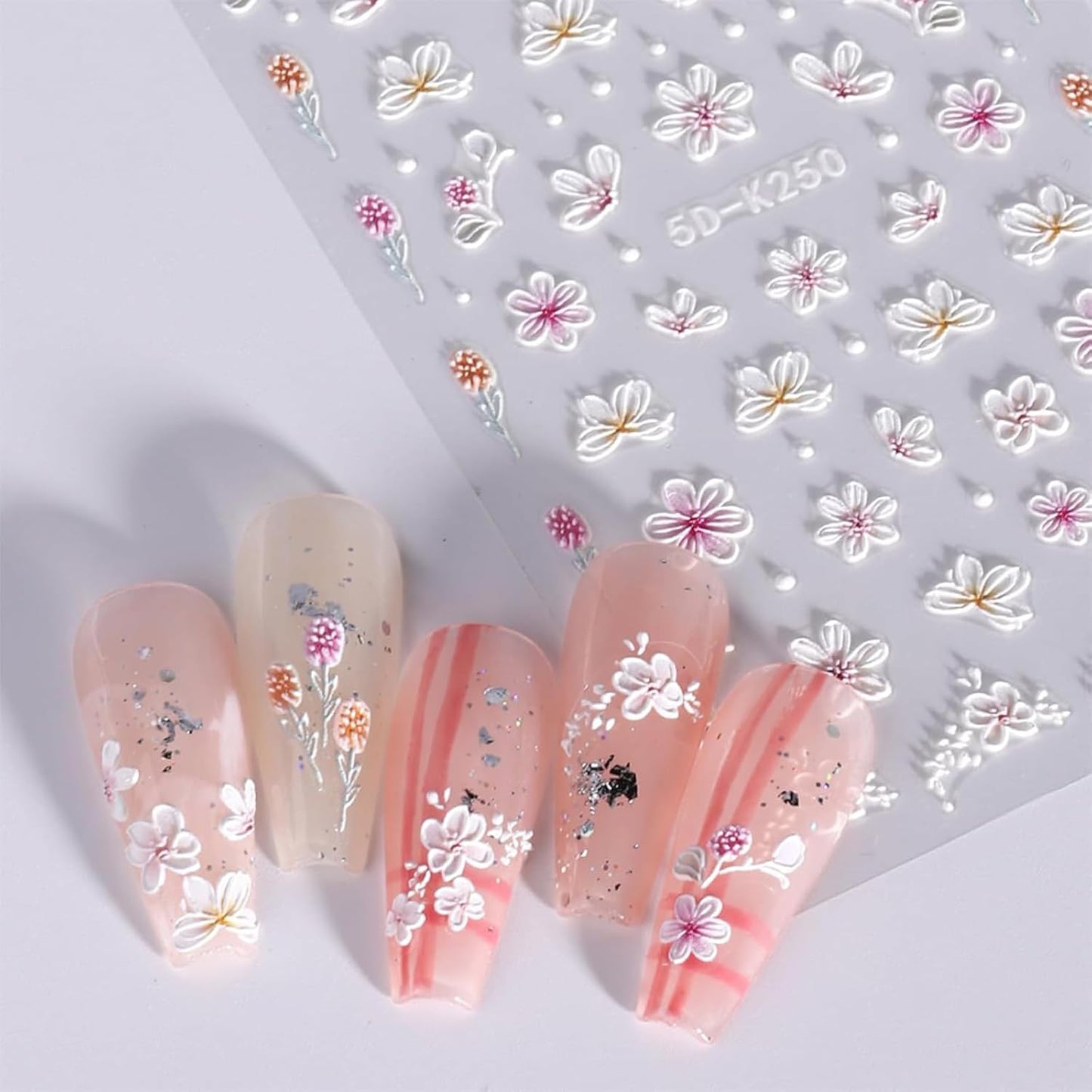 Pink Flower Nail Art Stickers Decals 5D Embossed Nail Decals Spring Summer Nails Art Design Self-Adhesive Supplies Accessories 3D Flower Stickers for Women Nails DIY Decoration