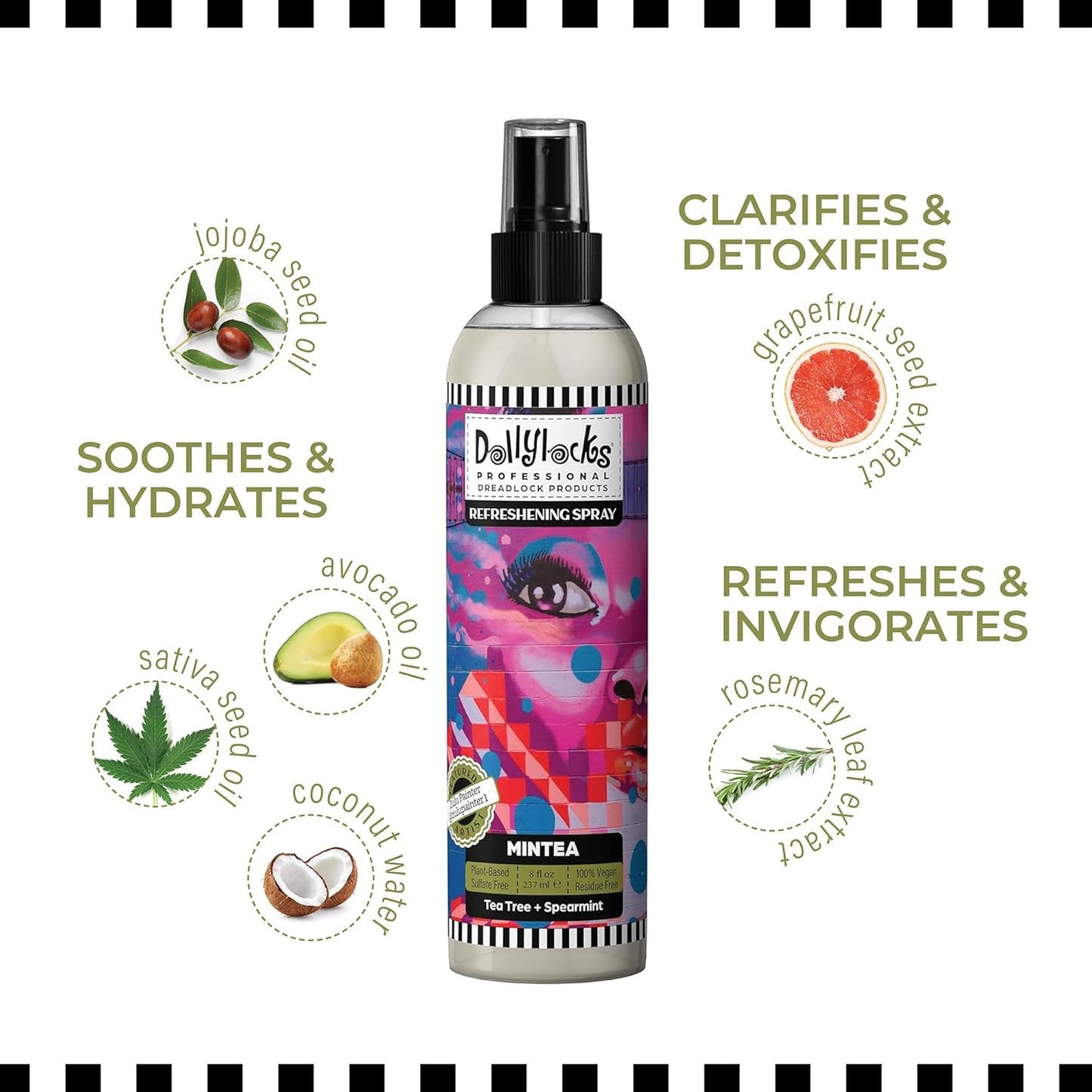 Dollylocks Refreshening Spray – Residue-Free Dreadlock & Loc Moisturizer Spray, Plant Based Deodorizer & Conditioner for Dreads, Vegan & pH-Balanced (Mintea Scent, 8oz)