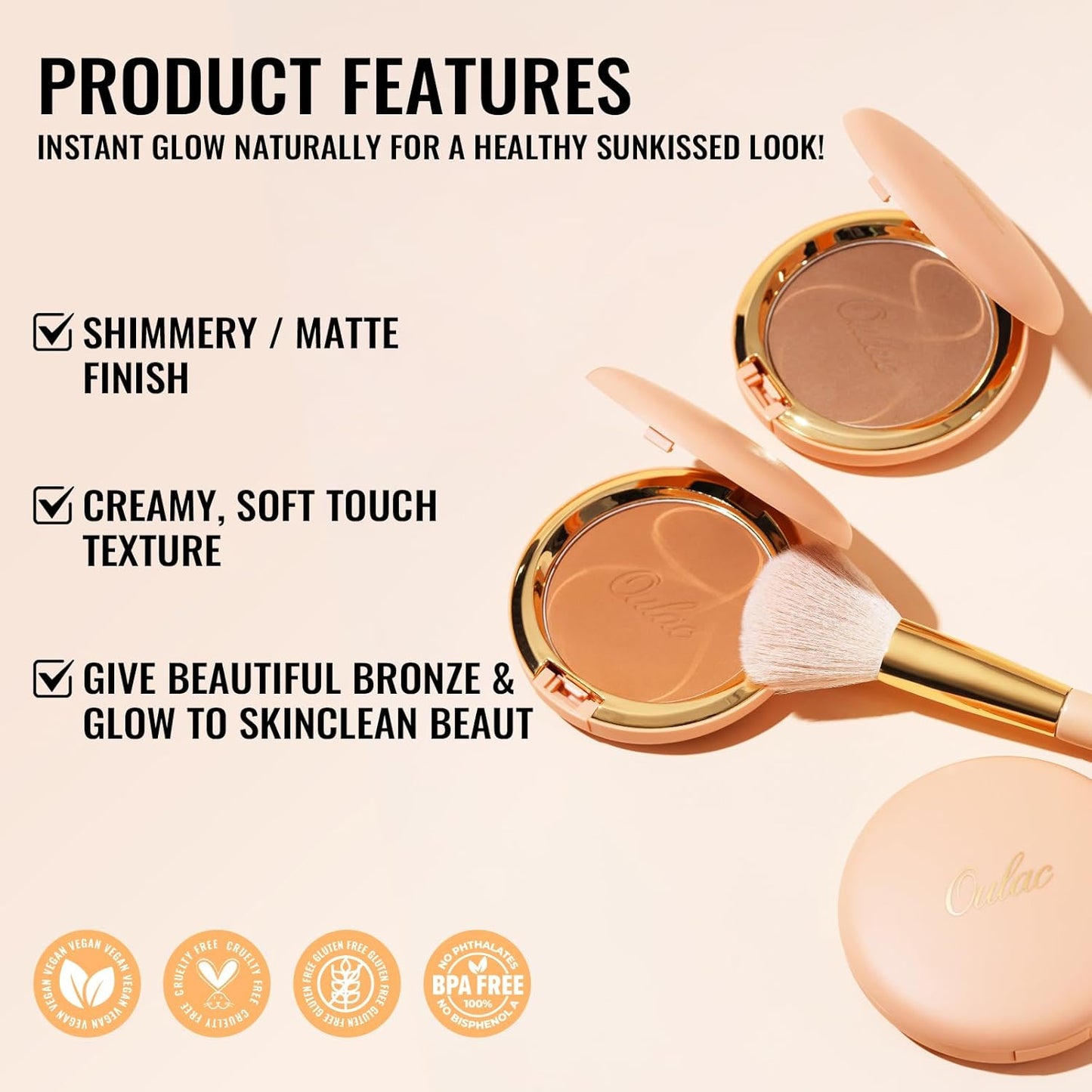 Oulac Matte Bronzer Powder Face Makeup with Mirror - Natural SunKissed Bronzer Look,Highly Pigmented Cream Bronzer, Long Lasting Glow, Easy to Blend, Vegan & Cruelty-Free BS02