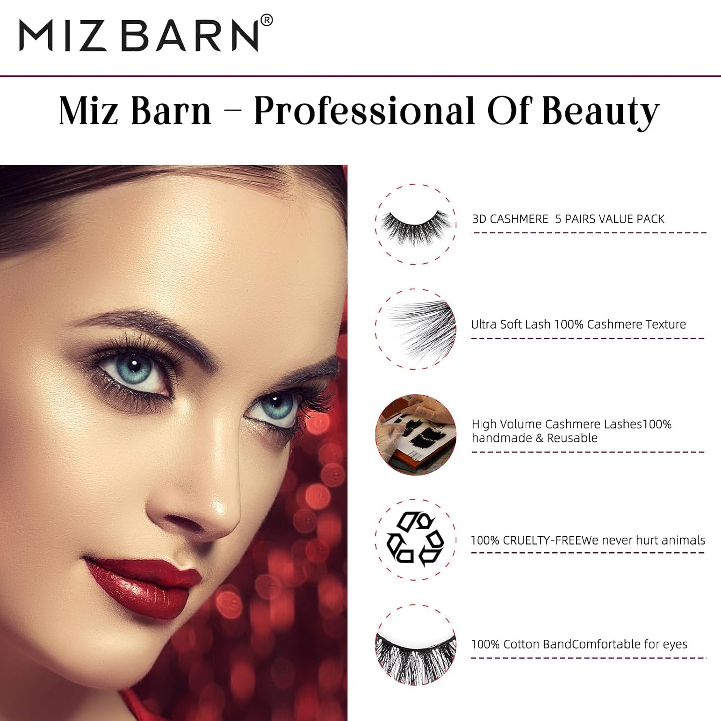 Miz Barn Lashes 5 Pairs Cat Eyes Wispy Lightweight Natural 3D Cashmere Soft Long Extension Eyelashes Pack Handmade Luxurious Volume Fluffy False Eyelashes (CF109)