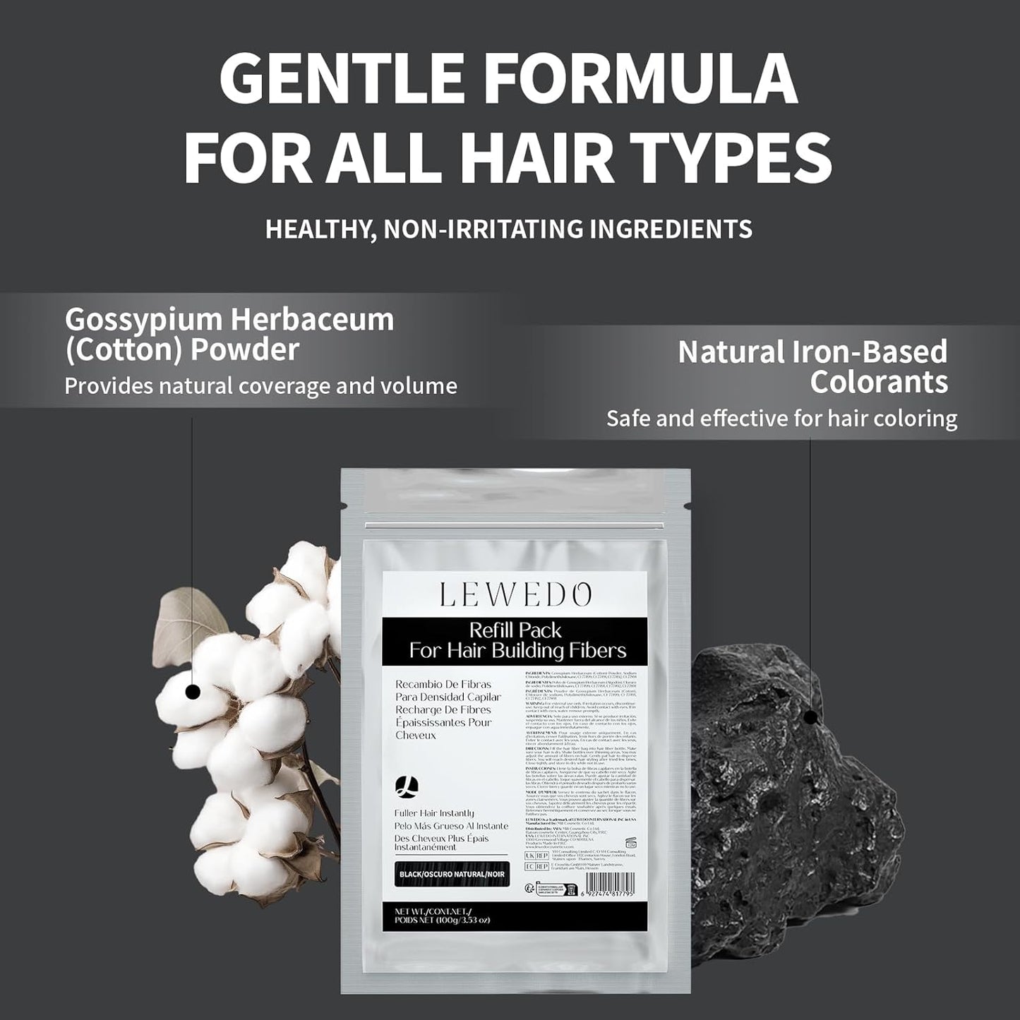 Hair Building Fibers Refill Pack - 100g Instant Thickening Fibers for Men & Women, Natural Cotton Powder, Wind/Rain Resistant, For All Hair Fiber Applicator Bottles (Light brown)