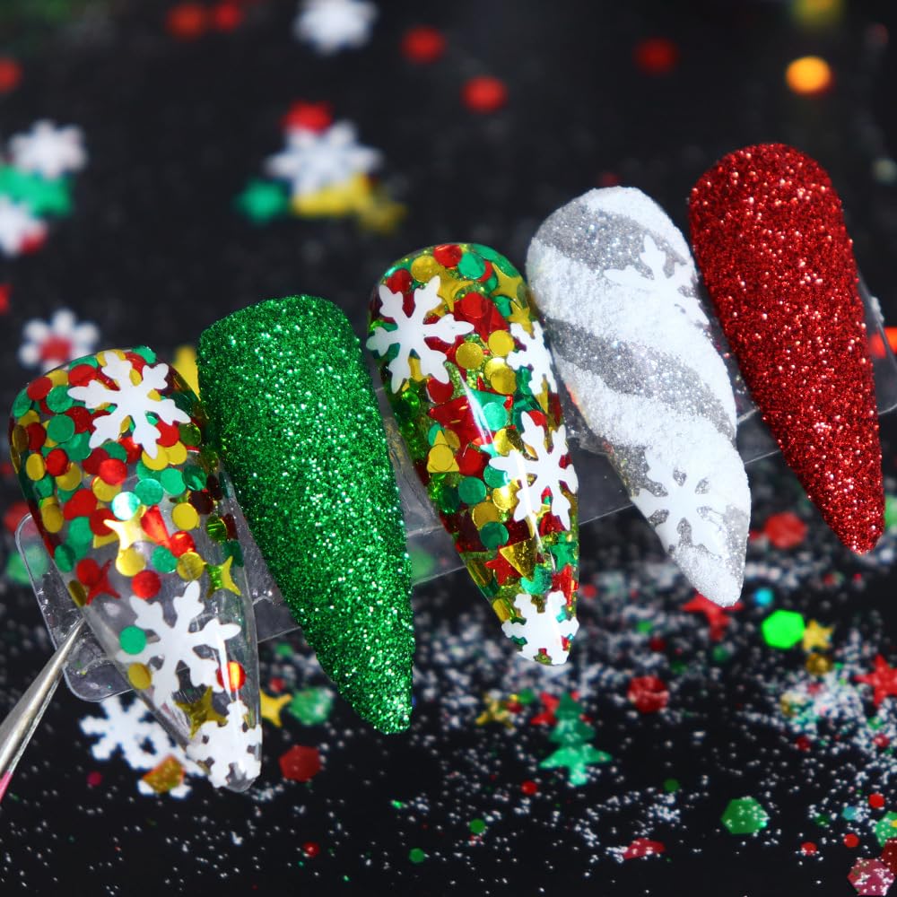 Christmas Nail Art Glitters Powder Snowflake Sequins Winter Nail Art Decorations 3D Holographic Green Red White Flakes Nail Decals Manicure Winter Xmas Glitters for Face Hair Nails Design 6Grids
