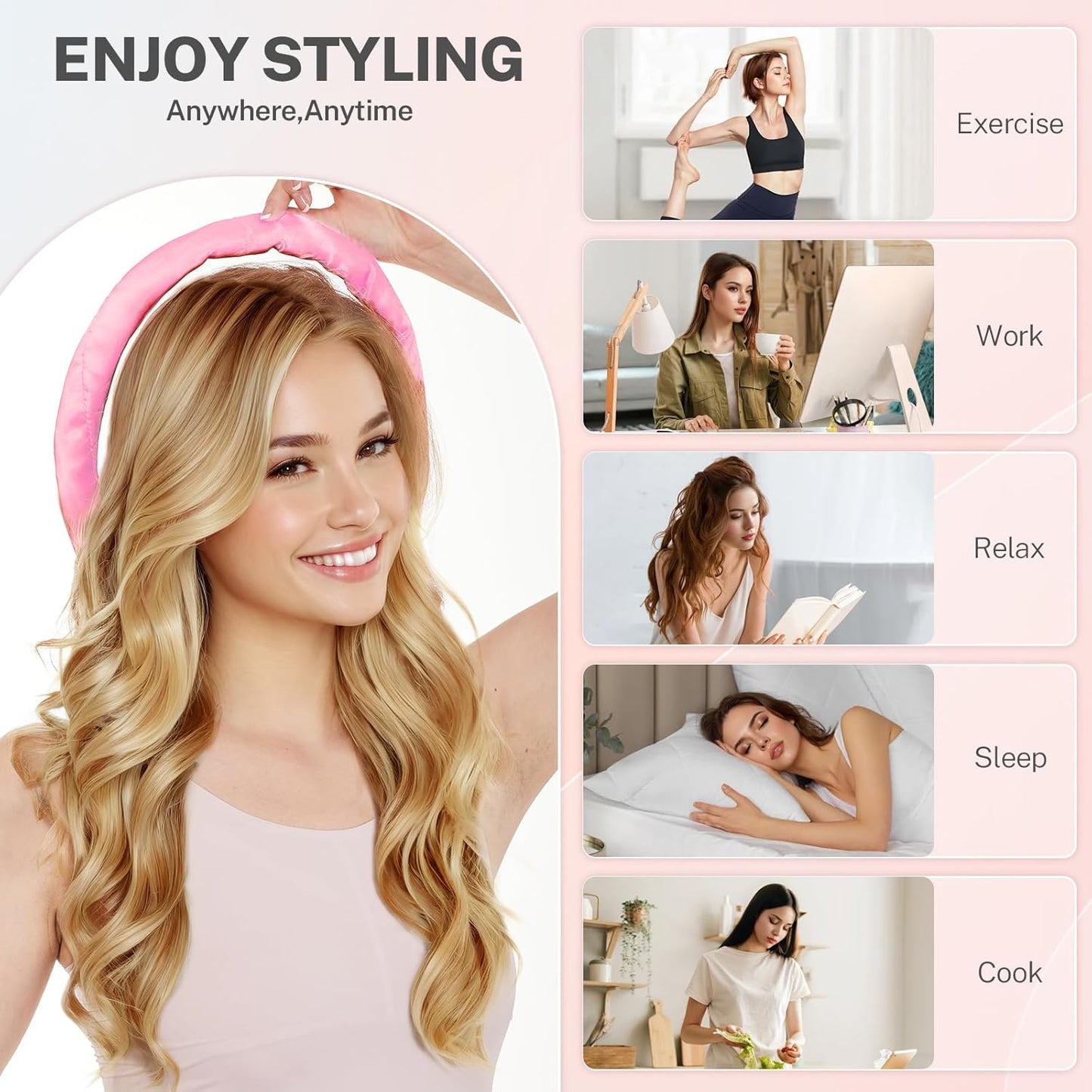 Satin Heatless Curling Set,Overnight Curls Hair Rollers with Hair Scrunchies,Sleep-Friendly Damage-Free Curlers for Soft Natural Waves (Pink)