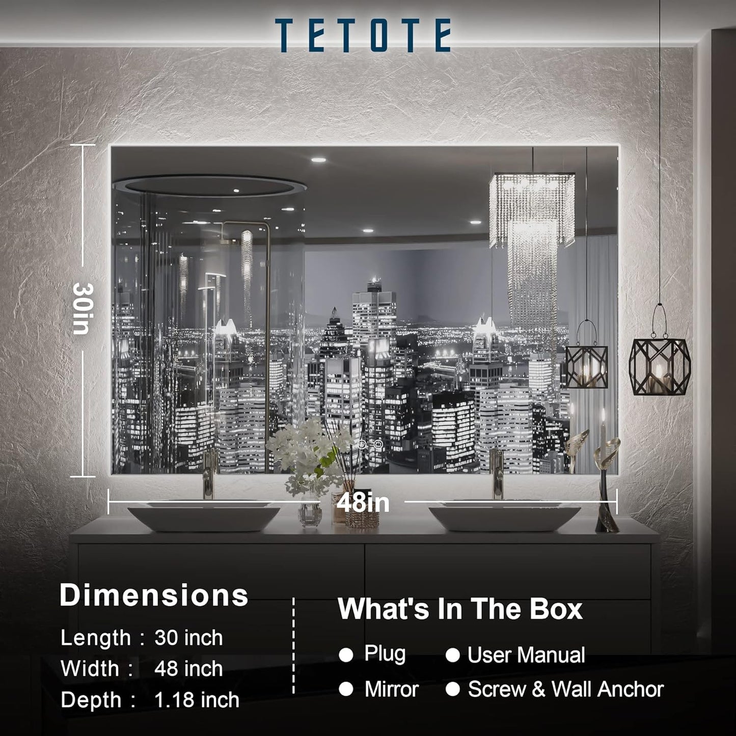 TETOTE 48 x 30 Inch LED Mirror Backlit Bathroom,Anti-Fog Mirror with Light,Dimmable,CRI90+,IP54 Water Proof,Wall Mounted Vanity Lighted Mirror,Horizontal/Vertical