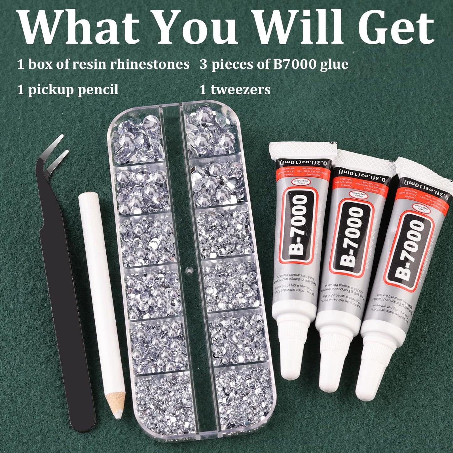 Resin Rhinestones for Crafting with B7000 Jewelry Glue, 1 Box Clear Flatback Crystals with 3Pcs 10ml Glue for Bedazzling Crafts DIY Nail Art Makeup,Non Hotfix Gems for Clothing Shoes