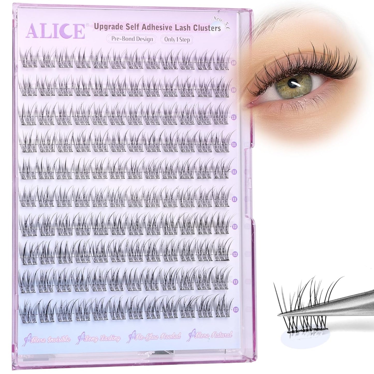 ALICE Self Adhesive Eyelashes Natural Self Adhesive Lash Clusters No Glue Needed Wispy Reusable Press on Lashes Pre-Glue 10-12mm 120pcs DIY Eyelash Extensions