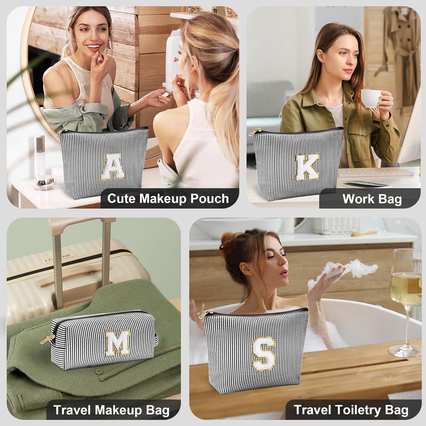 YOOLIFE Initial Cute Monogrammed Makeup Bag for Women - Personalized Birthday Gift for Teen Girl or Mom - Black