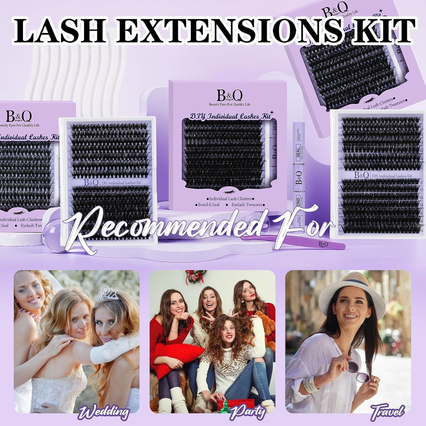 B&Qaugen Lash Extension Kit 280Pcs Volume Individual Lashes Kit Superfine Individual Eyelashes 10-18mm Soft D Curl Eyelash Clusters Kit with Bond and Seal Tweezers for Self Use (Kit-50D-10-18MIX)