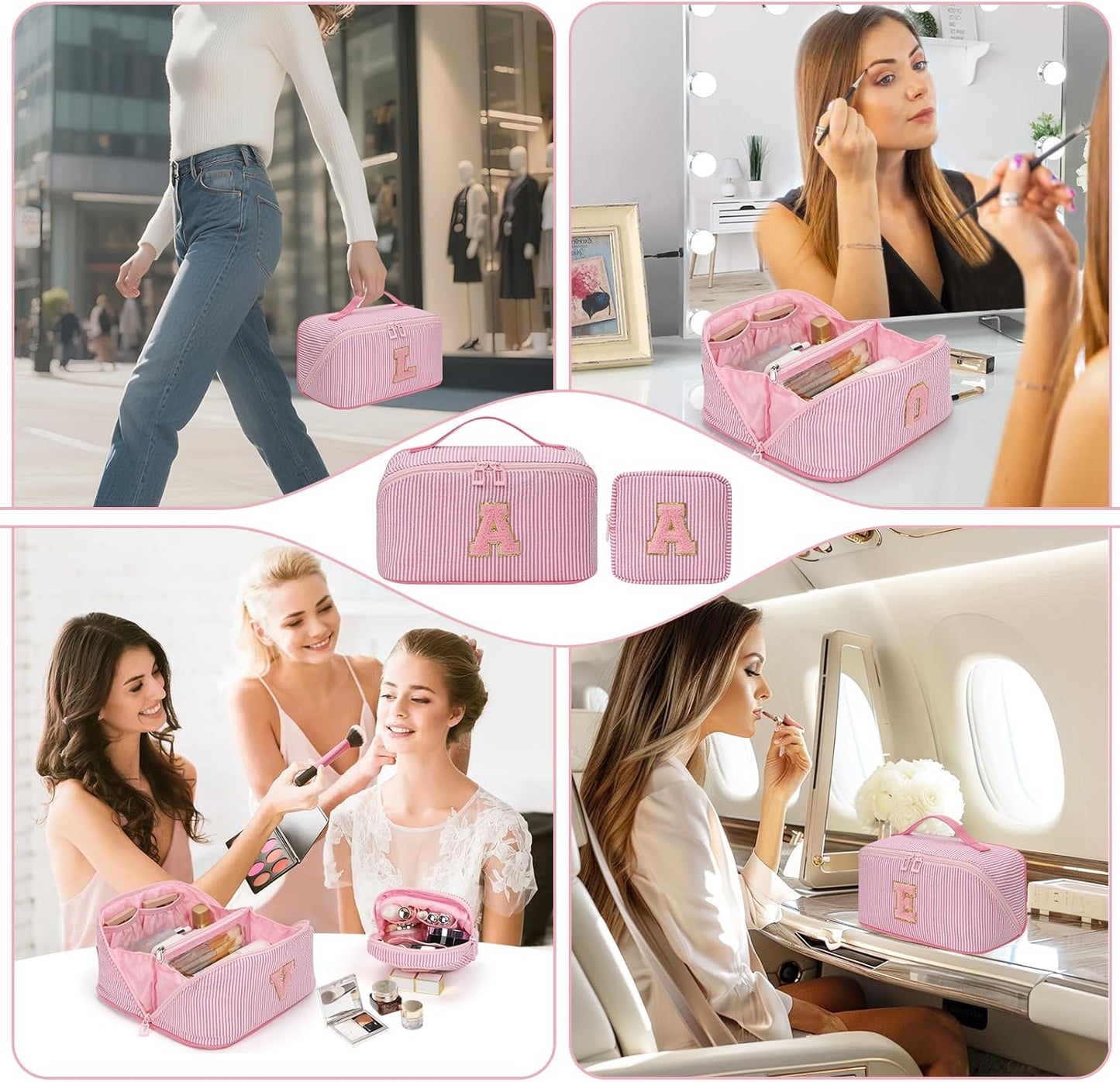 Travel Makeup Bag for Women, 2Pcs Portable Personalized Initial Makeup Organizer Bag, Open Flat Large Cosmetic Bag With Travel Essential Pouch (Pink Letter U)