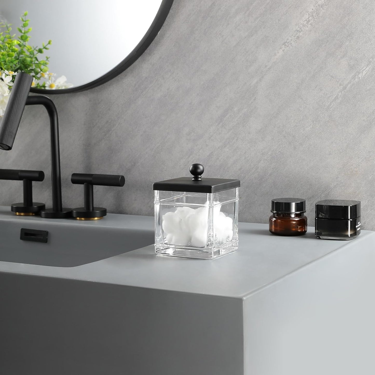 H Halston Apothecary Glass Cotton Jar Holder for Qtips, Cotton Balls, Floss, Storage Canister, Bathroom Organization, With Matte Black 304L Stainless Steel Lid, Makeup Vanity Organizer