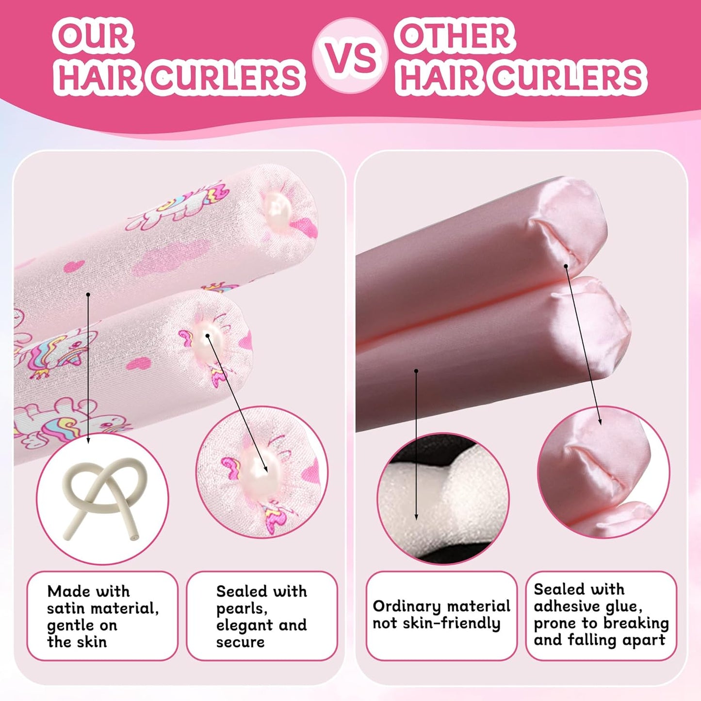 Girls Heatless Curls Overnight, Kids Unicorn Hair Rollers with Hair Clips, Hair Accessories for Little Girls & Teenage & Sister, Birthday Gifts Trendy Stuff - Pink