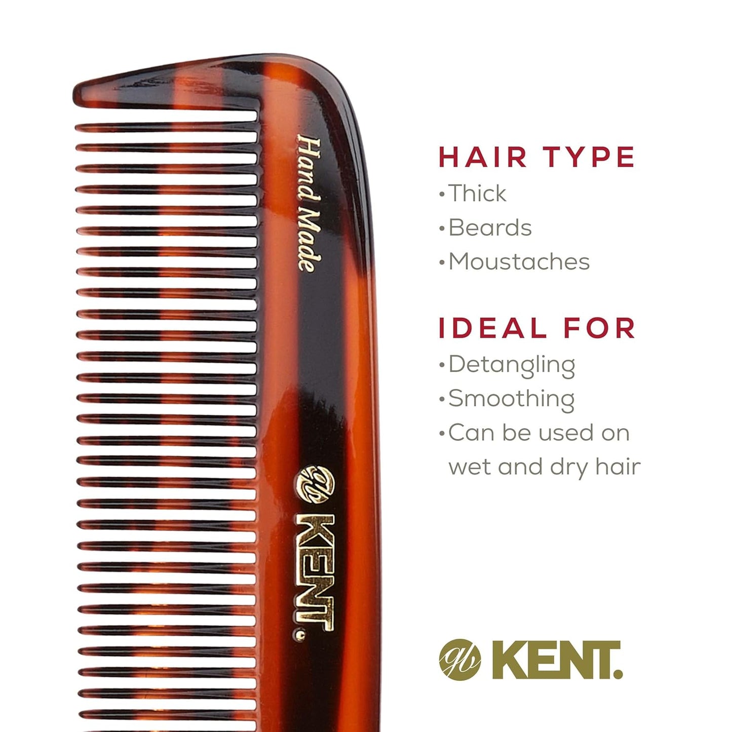 Kent 12T Wide Tooth Detangling Comb - 5.5" Handmade Pocket Comb for Thick, Curly, and Wavy Hair, Large Tooth Grooming for Hair, Beard, and Mustache - Saw-Cut and Hand Polished