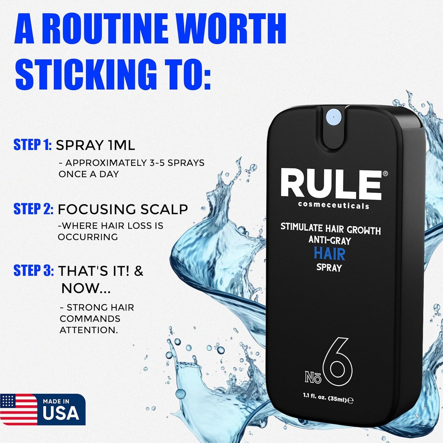 RULE No.6 Hair Growth Spray & Anti Grey Hair Treatment, Minoxidil Alternative Hair Regrowth Treatment for Men, Natural Hair Color Restorer, Topical Hair Growth Serum, Stop Hair Loss & Thinning