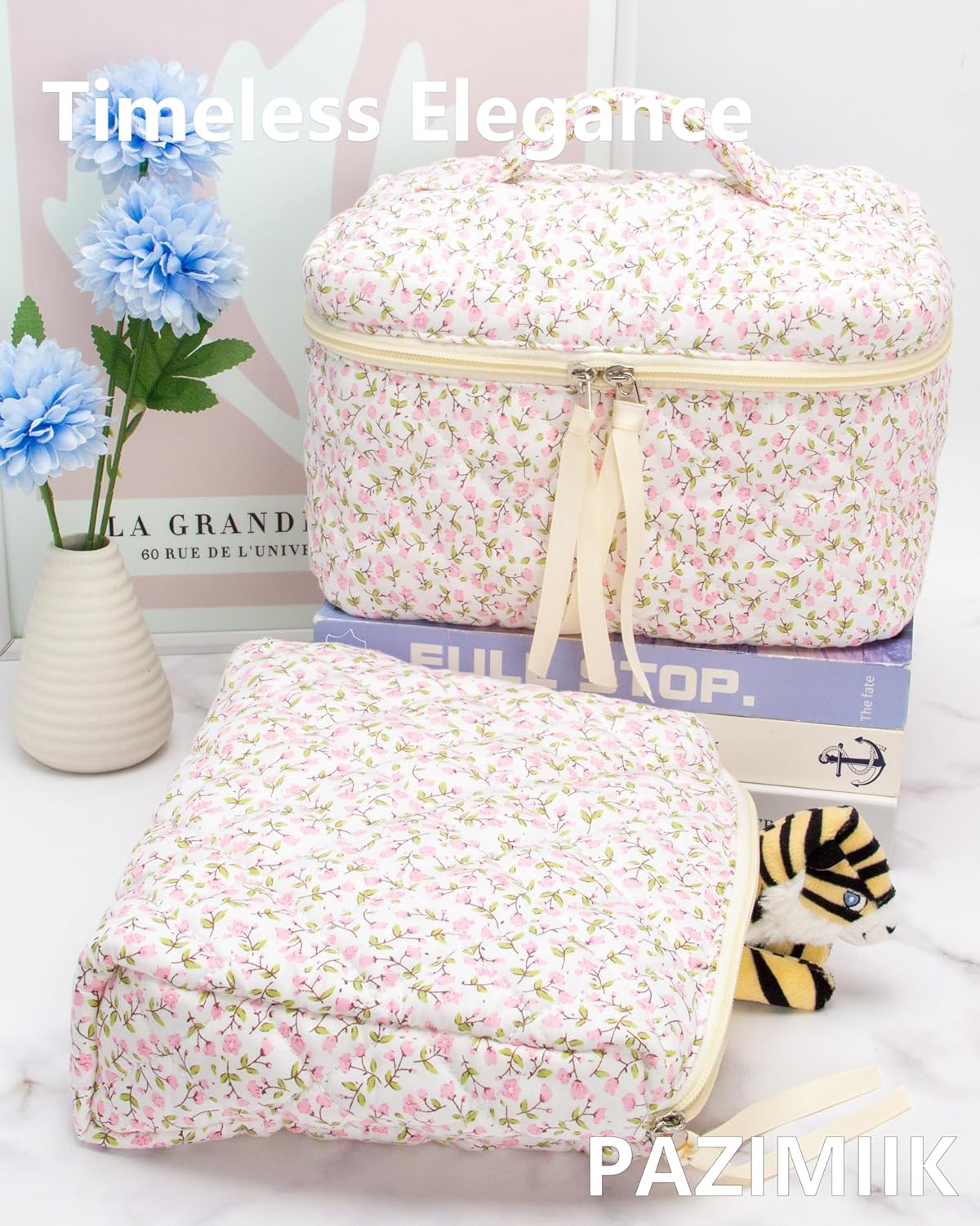 Quilted Makeup Bag Large Travel Zipper Soft Cosmetic Case for Women Girls Make Up,Floral Pink