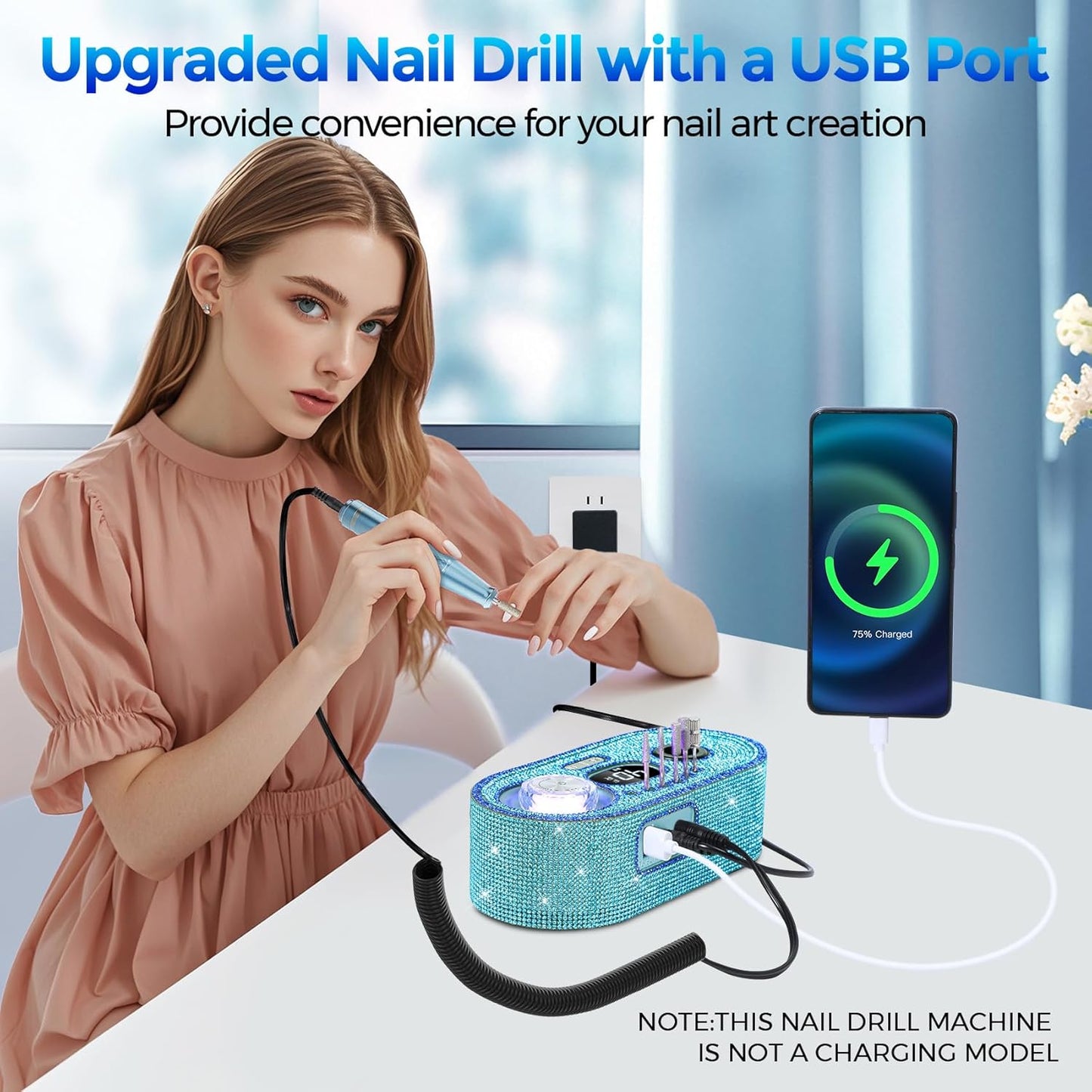 Nail Drill Electric File: DEDNMSCA Sparkly Professional Nail Drill Kit, 40000RPM E-file Machine with USB LED Light and 12 Drill Bits for Acrylic Nail Remove Gel Polish Manicure for Salon Home, Diamond