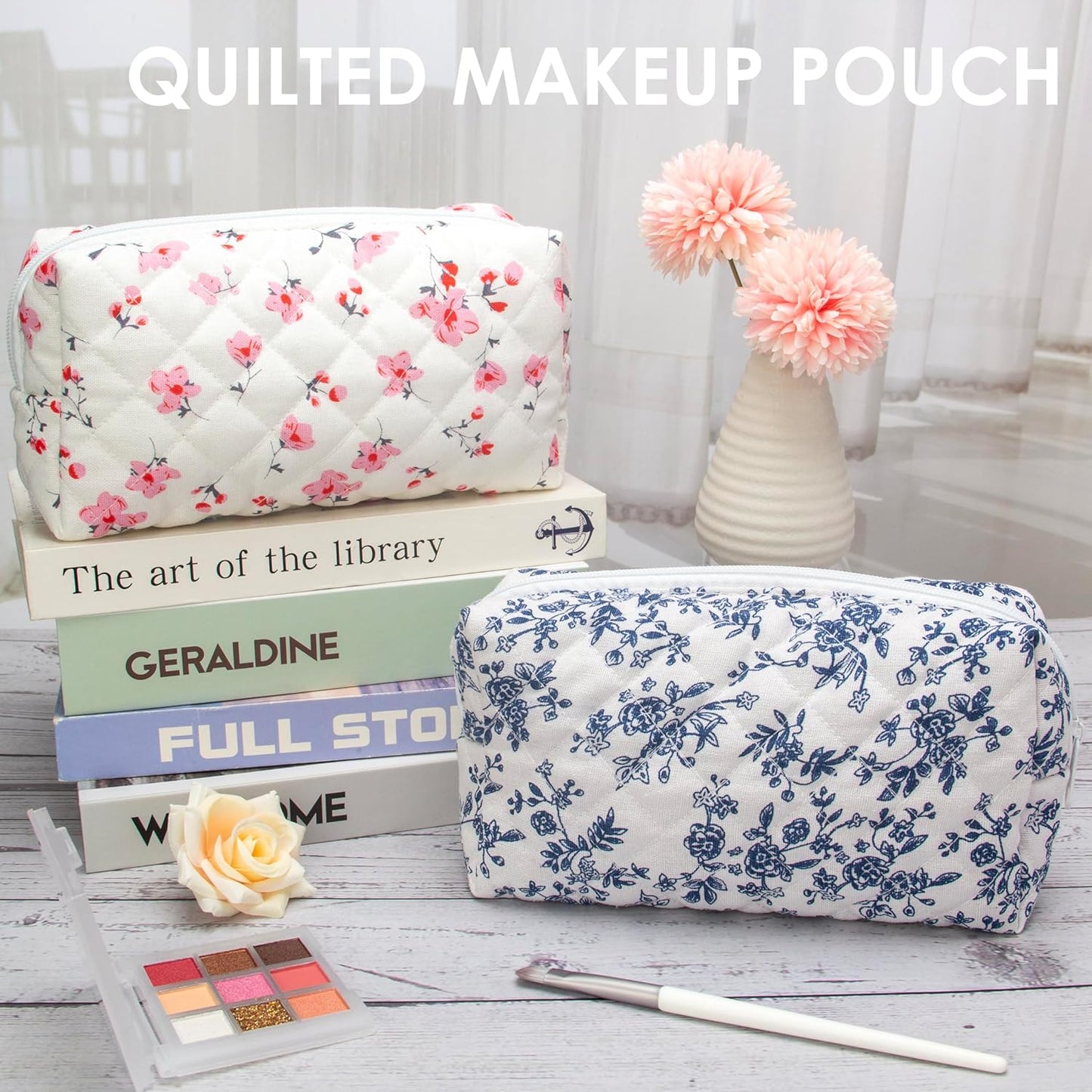 PAZIMIIK Vintage Quilted Makeup Bag Cosmetic Pouch for Brushes Pencils and Travel Make Up Accessories for Women and Girls Jouy Blue