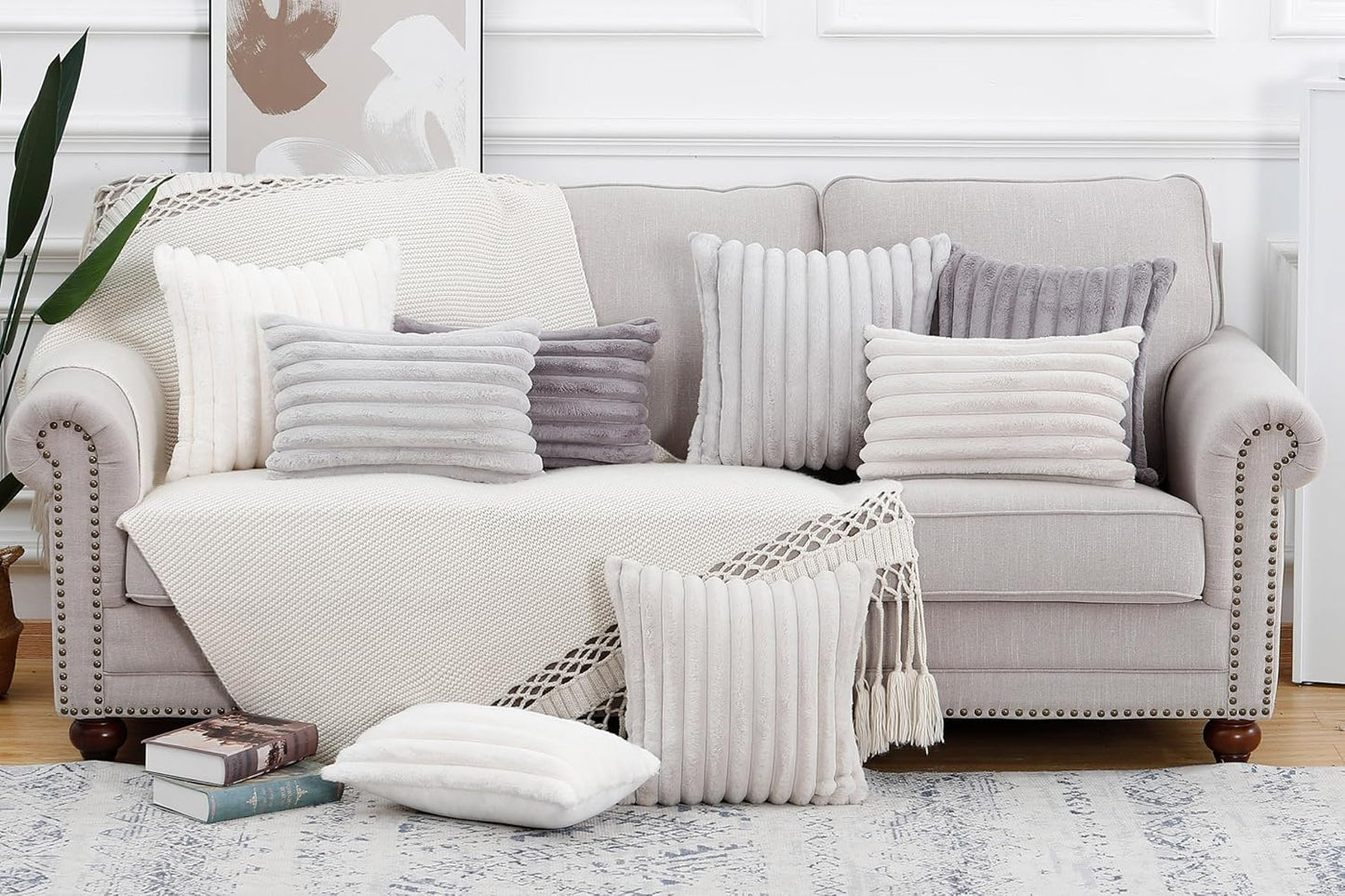 MADIZZ Set of 2 Faux Wool Plush Decorative Throw Pillow Covers 16x16 Inch Light Grey Fluffy Striped Soft Decorative Cushion Cover for Sofa Bedroom Pillow Shell