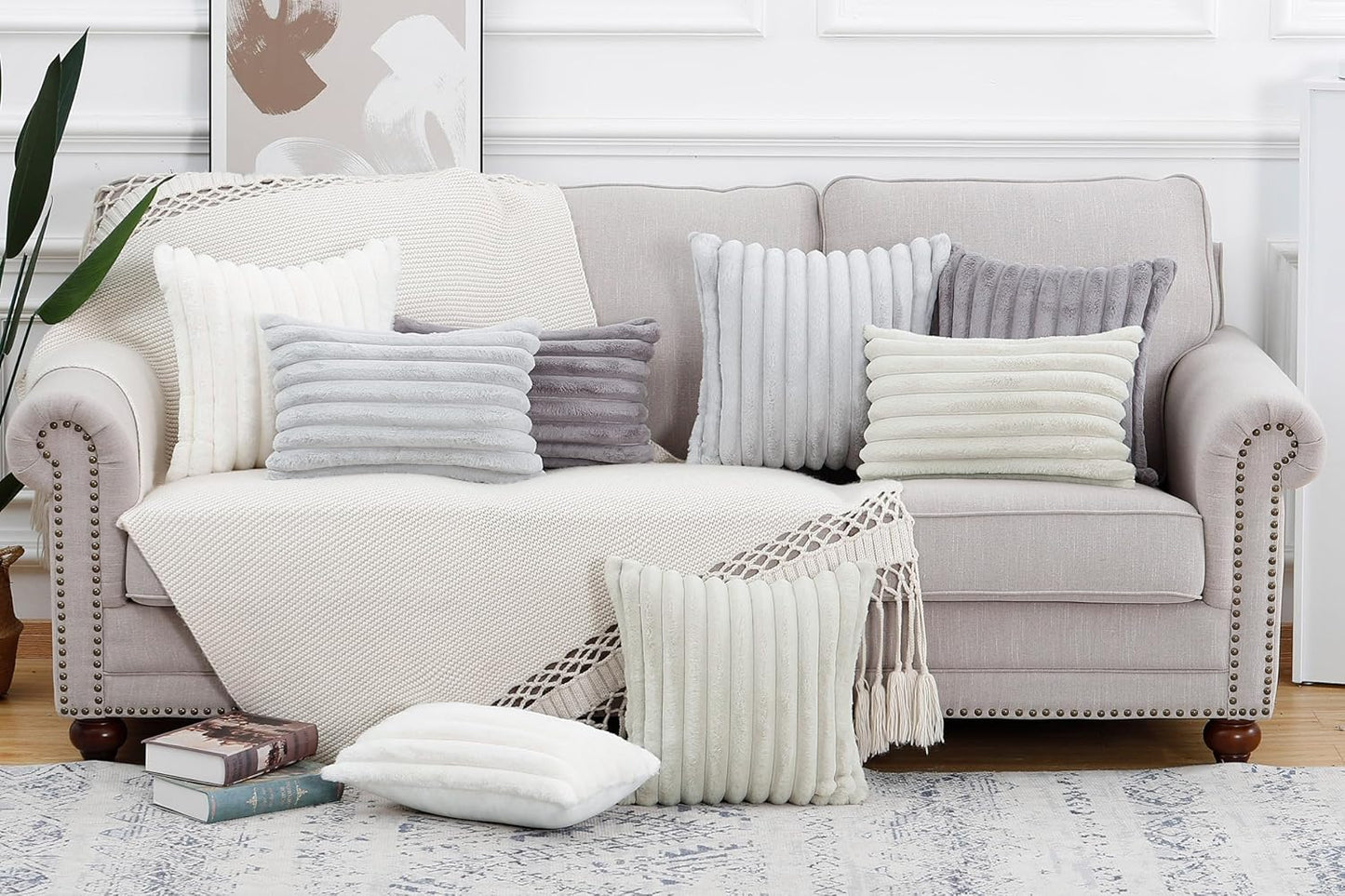 MADIZZ Set of 2 Faux Wool Plush Decorative Throw Pillow Covers 24x24 Inch Cream Fluffy Striped Soft Decorative Cushion Cover for Sofa Bedroom Pillow Shell