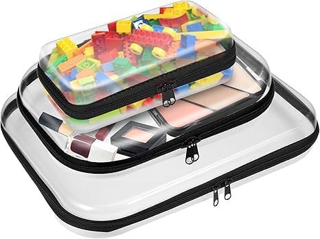 3PCS Clear Zipper Cases, Portable Clear Organizer Pouches for Travel, Double Zippered Hard Shell Plastic Case, Cosmetic Bag for Make Up Tools, Toiletries, Toy Storage (Black, 1 Pack)