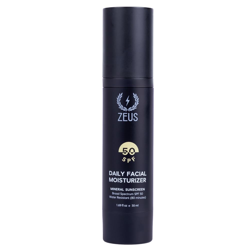 ZEUS Men's Daily Defense SPF50 Face Moisturizer for Men, Natural & Organic, Zinc Oxide Face Moisturizing Mineral Sunscreen, Hydrates & Protects Skin Against Harmful UV Rays (Made in USA)