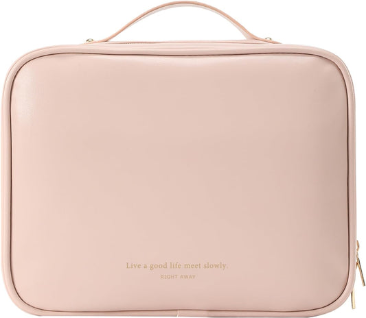 RIGHT AWAY Travel Toiletry Bag for Women, Makeup Bag& Cases, Waterproof Makeup Organizer Cosmetic Bag with Compartments,Portable Make Up Bag for Travel Size Toiletries,Skincare,Brushes Set,Pink