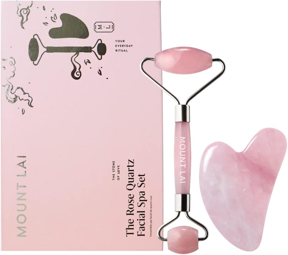 Mount Lai Rose Quartz Gua Sha Facial Tools, Pink Quartz Gua Sha Facial Tools Set and Roller, Guasha Tool for Face to Relieve Muscle Tension and Reduce Puffiness, Anti Aging Skin Care Sets for Women