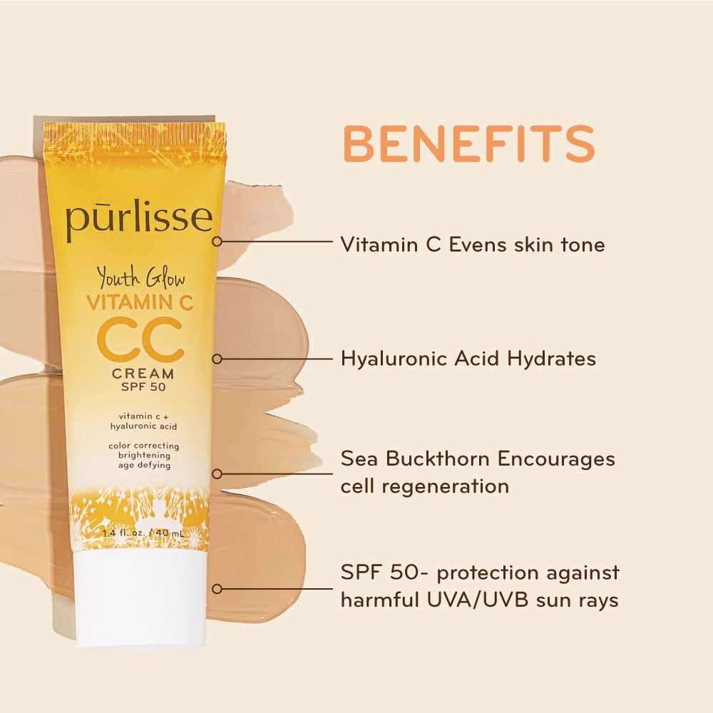 pürlisse Youth Glow Vitamin C CC Cream with SPF 50 - Color Corrector Enriched with Sea Buckthorn, Vitamin C & Hyaluronic Acid - Boosts Radiance & Youthfulness - Paraben-Free - Medium (1.4 oz)