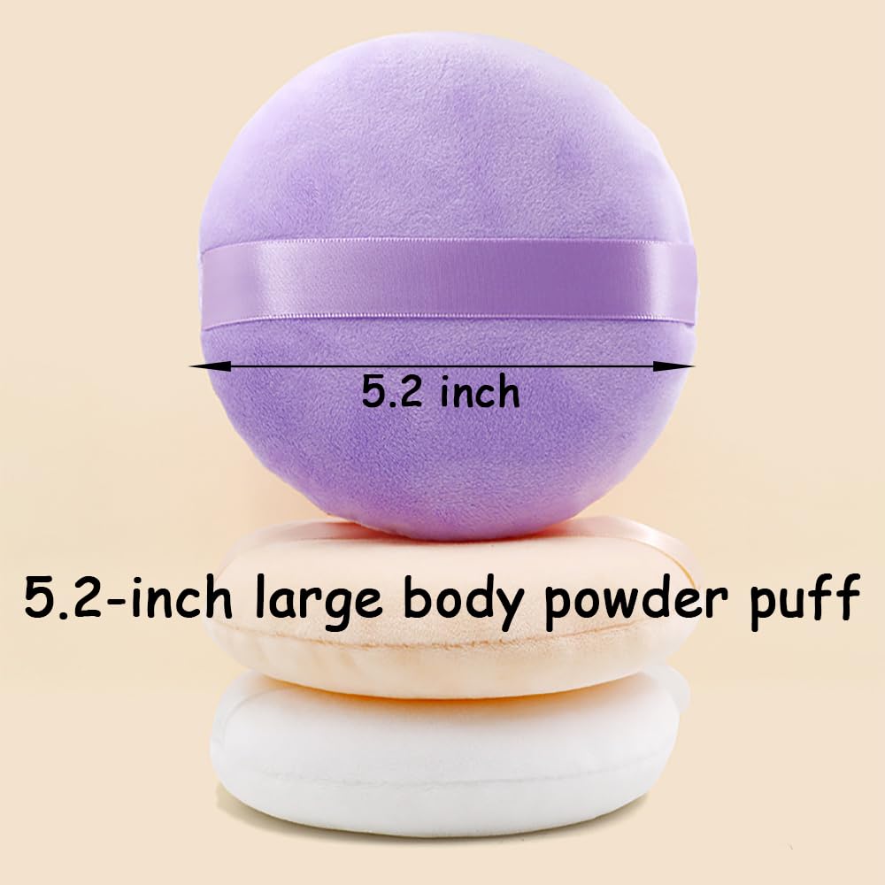 2 Pack Extra Large 5.2" Beige & Purple Powder Puffs and 5.3" Glass Container – Oversized Soft Body & Face Large Powder Puff Dusting Powder Jar Holder Case(Black Glass)