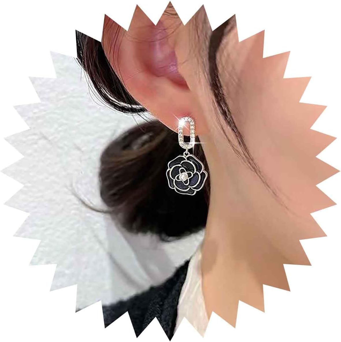 Vintage Black Crystal Flower Drop Earrings Black Flower Earrings Pearl Camellia Earrings Black Camellia Stud Earrings Jewelry for Women