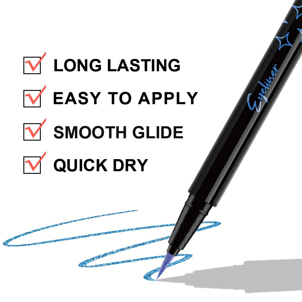 evpct 1Pcs Royal Blue Glitter Liquid Eyeliner Makeup, Light Blue Metallic Shimmer Eyeliner Liquid Eye Liner Eyeshadow Pencil Face Gems Glitter Facepaint Makeup, Blue Eyelashes Mascara hair Accessories