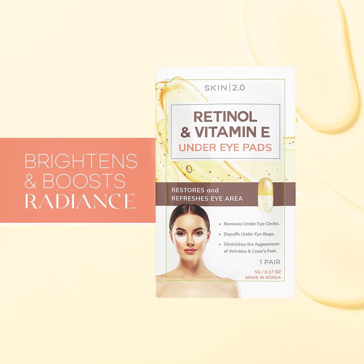 Retinol and Vitamin E Under Eye Patches - Reduce Wrinkles & Fine Lines, Dark Circles, Eye Bags, Depuffing Under Eye Pads - Cruelty Free Korean Skin Care For All Skin Types - 5 Pairs