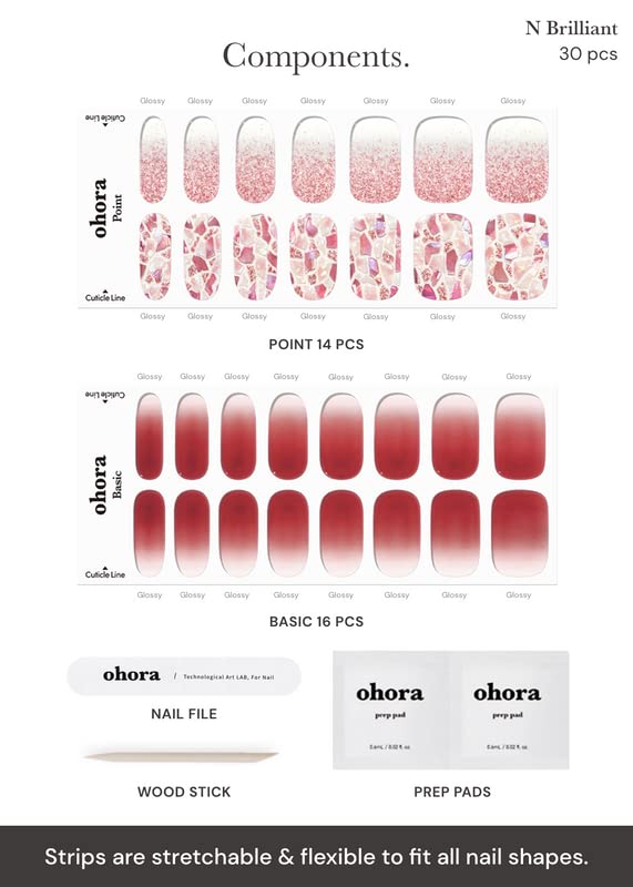 ohora Semi Cured Gel Nail Strips (N Brilliant) - Red, Patterned, Works with Any UV/LED Lamps, Salon-Quality, Long Lasting, Easy to Apply & Remove - Includes 2 Prep Pads, Nail File & Wooden Stick