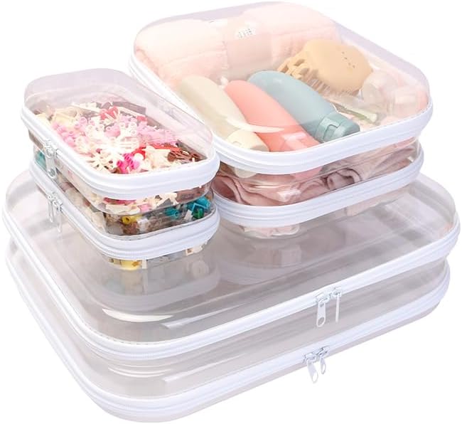 3PCS Clear Zipper Cases, Portable Clear Organizer Pouches for Travel, Double Zippered Hard Shell Plastic Case, Cosmetic Bag for Make Up Tools, Toiletries, Toy Storage(White,2 Pack)