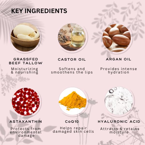 Tallow Lip Balm - Anti-Aging with 100%-grassfed Beef Tallow, CoQ10, Astaxanthin, Hyaluronic acid - Ultra Moisturizing, Conditioning, All natural, Organic, Made in USA (Peony)