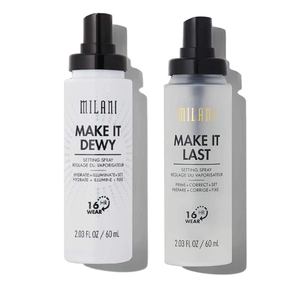 Milani Setting Spray + Primer, Make It Last Original - Natural Finish with Niacinamide for Hydration & Make It Last Dewy - Dewy Finish Moisturizing Formula for Glow on the Go - 2 Pack